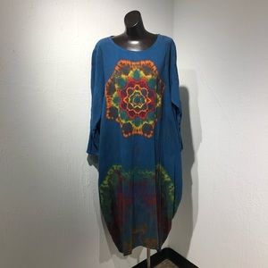Tie Dye Celmia Collection XL Dress Rainbow Mandela Blue Long Sleeve Pockets